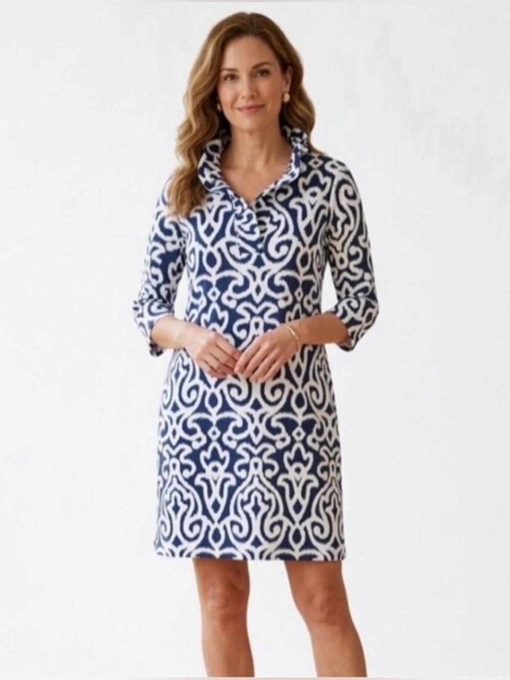 Gretchen Scott Designs Ruffle Neck Dress Geometric Preppy Feminine Coastal Luxe